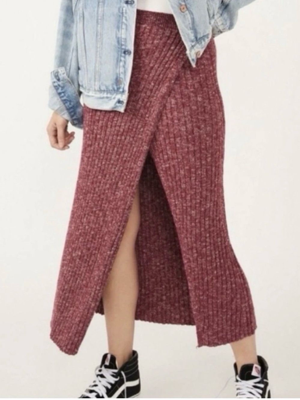 Free People Better Days Rib Sweater Skirt Burgundy Wine Midi Women’s Medium NWT